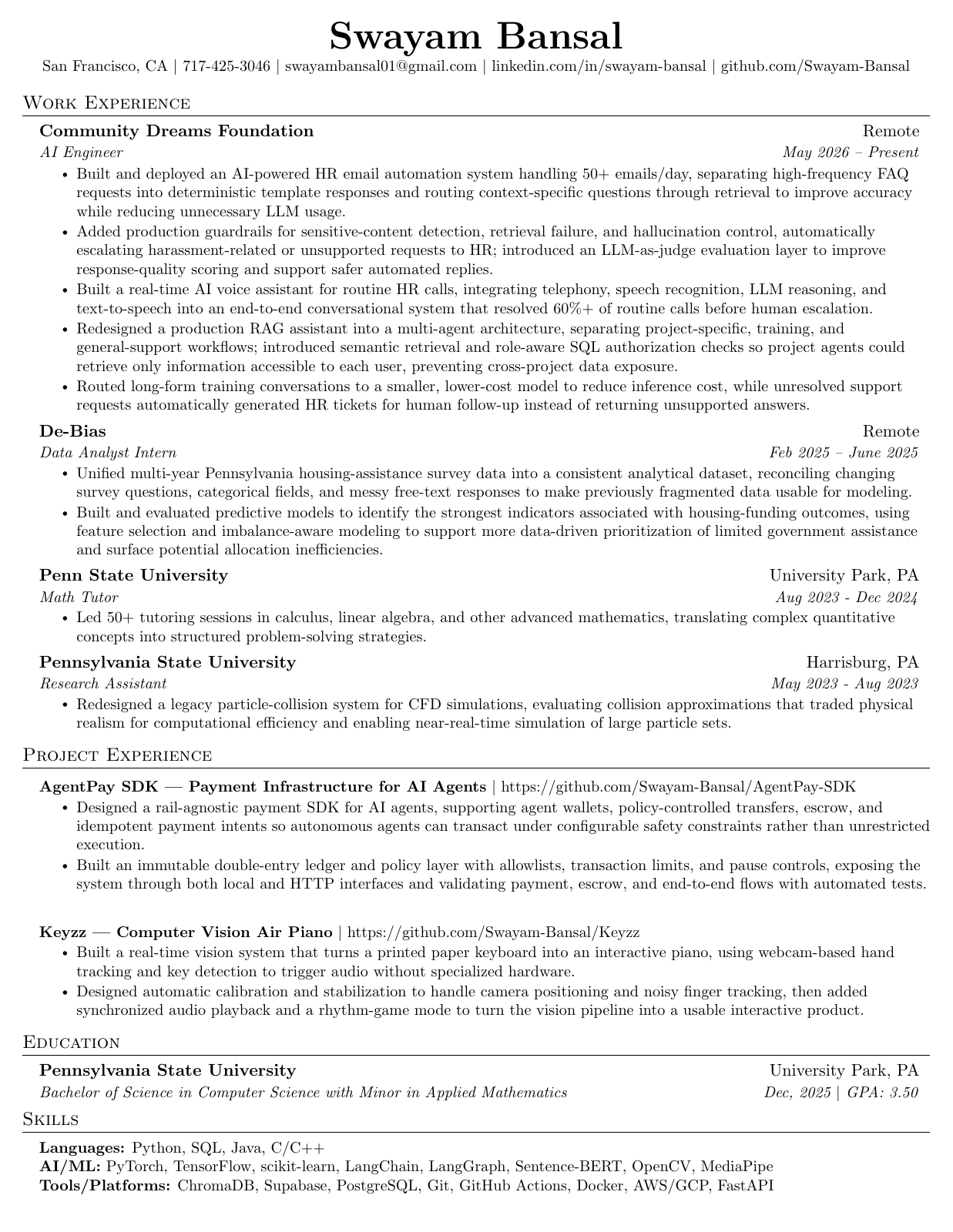 Preview of Swayam Bansal's updated resume. Open the PDF using the links above to read or download the full document.